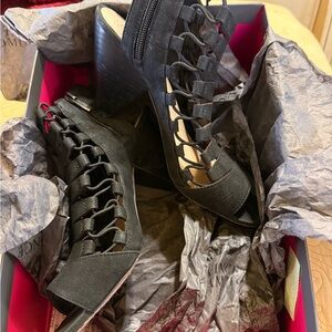 Vince Camuto Black Lace-Up Peep-Toe Wedge Heels